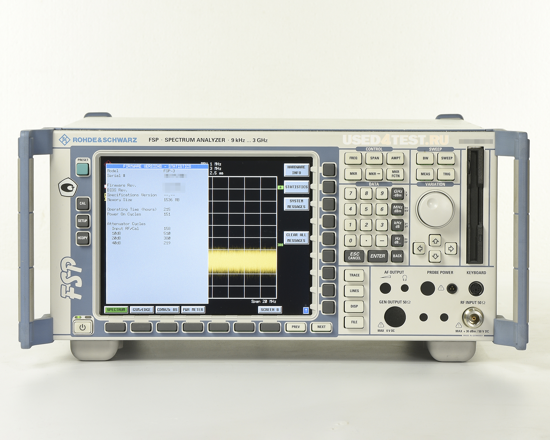 Анализатор спектра Rohde&Schwarz FSP3
 с диапазоном частот от 9 кГц до 3 ГГц
 

 Дополнительные опции: 


	R&S® FS-K5 - Измерения параметров модуляции и спектра для базовых станций и мобильных телефонов стандартов GSM/EDGE
	R&S® FS-K7 - Измерительный ЧМ/АМ/ФМ-демодулятор общего назначения
	R&S® FS-K8 - Измерения характеристик передатчиков стандарта Bluetooth
	R&S® FS-K9 - Измерение мощности при помощи измерительных головок
	R&S® FS-K30 - Измерение коэффициента шума, функции аналогичны R&S®FS-K3, но с поддержкой дистанционного управления
	R&S® FS-K40 - Аппаратно-программное обеспечение для измерений фазового шума

 

 Стоимость указана в Рублях DDP Москва по безналичному расчету без НДС
