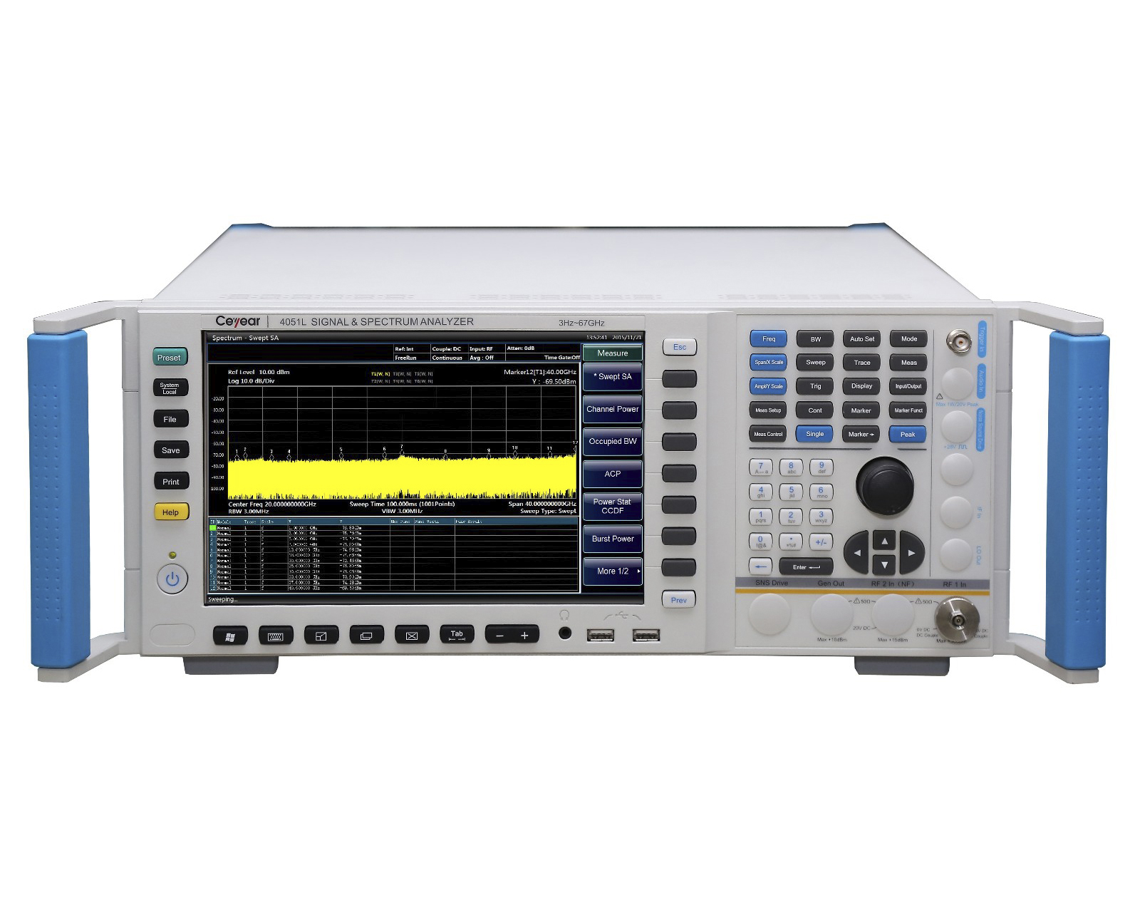 Анализатор спектра Ceyear 4051F
с диапазоном частот от 3 Гц до 40 ГГц


 В комплекте с опциями: 


	H40 — Поддержка внешних смесителей
	S09 — Аналоговый демодулятор
S04 — Измерение фазового шума
82407NB — Выносной смеситель, расширение частотного диапазона до 90 ГГц

