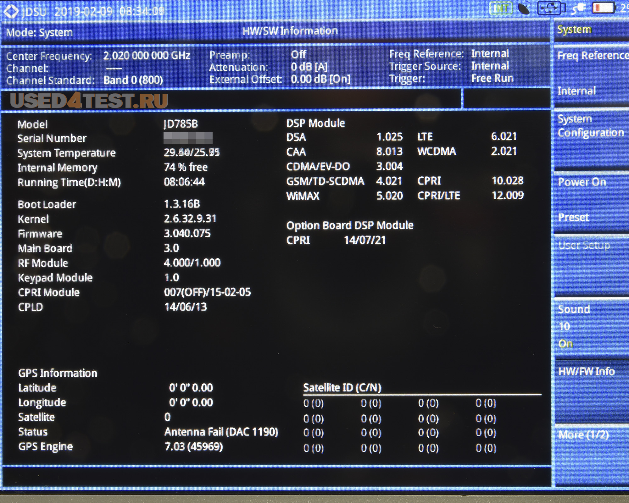 Анализатор базовых станций (анализатор спектра, измеритель мощности, анализатор АФУ)
 JDSU JD785B 
 Анализатор спектра: 9 кГц — 8 ГГц
 
Анализатор АФУ: 5 МГц — 6 ГГц
 
Измеритель мощности: 10 МГц — 8 ГГц
 
