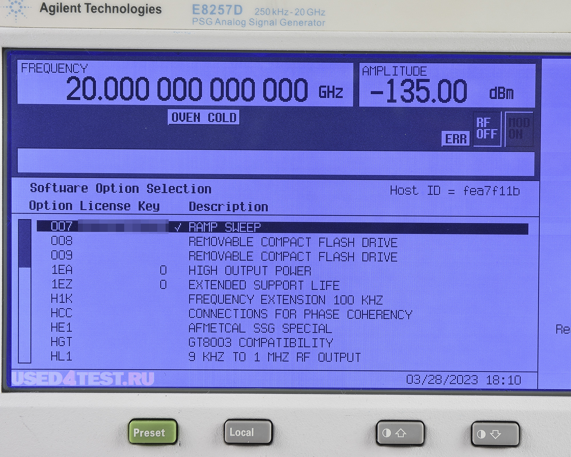Генератор сигналов Agilent E8257D серия PSGс диапазоном от 100 кГц до 20 ГГц


 В комплекте с опциями: 

 

	007 — Плавное (аналоговое) свипирование
	1E1 — Выходной ступенчатый аттенюатор
	520 — Диапазон частот от 250 кГц до 20 ГГц
H1K — Расширение диапазона до 100 кГц
UNR — Улучшенные характеристики фазового шума
	UNT — Аналоговая модуляция: AM, ЧМ, ФМ и НЧ выход
	UNW — Модуляция короткими импульсами
